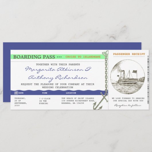 Boarding Pass Kreuzfahrt Hochzeit - Marine & Minze Einladung (Vorne/Hinten)
