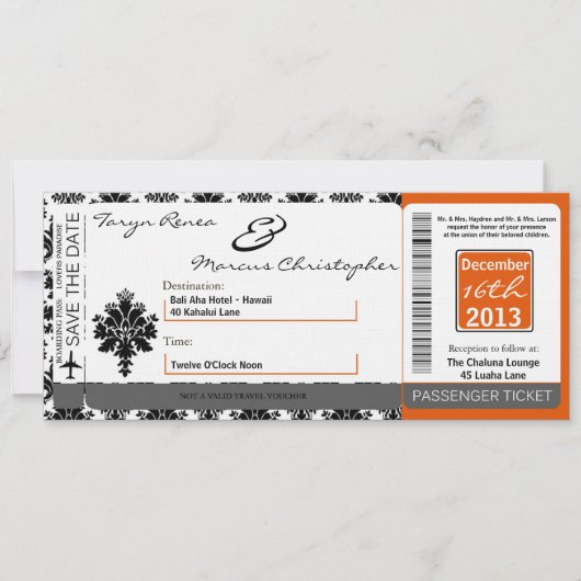 Boarding Pass Linen Hochzeit Einladung Black Orang (Vorderseite)