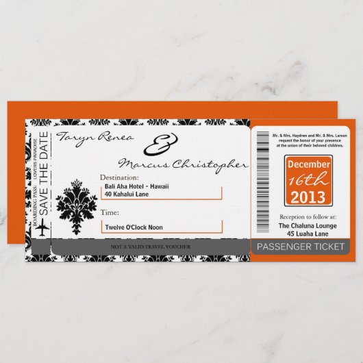 Boarding Pass Linen Hochzeit Einladung Black Orang (Vorne/Hinten)