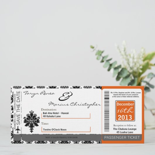 Boarding Pass Linen Hochzeit Einladung Black Orang (Stehend Vorderseite)