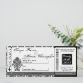 Boarding Pass Linen Hochzeit Einladung Damask Blac (Stehend Vorderseite)
