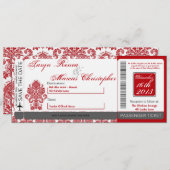 Boarding Pass Linen Hochzeit Einladung Damask Red (Vorne/Hinten)