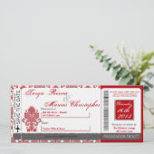 Boarding Pass Linen Hochzeit Einladung Damask Red (Stehend Vorderseite)