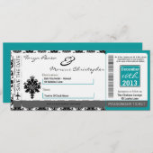 Boarding Pass Linen Hochzeit Einladung Schwarz Aqu (Vorne/Hinten)