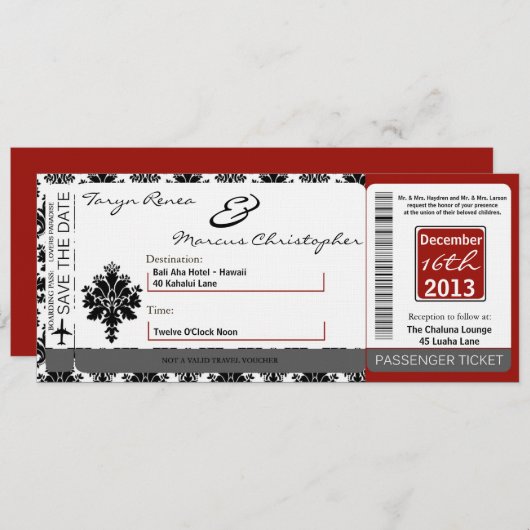 Boarding Pass Linen Hochzeit Einladung Schwarz Rot (Vorne/Hinten)