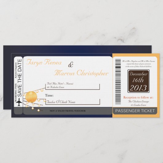 Boarding Pass Linen Hochzeitspapier Lante Einladung (Vorne/Hinten)