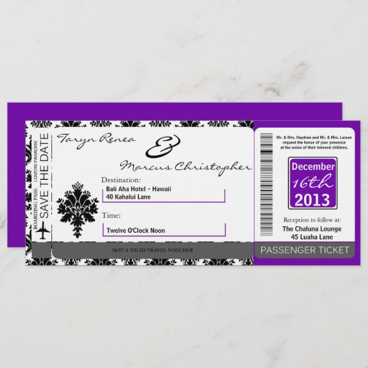 Boarding Pass Linen Wedding Invitation Black Purpl Einladung (Vorne/Hinten)