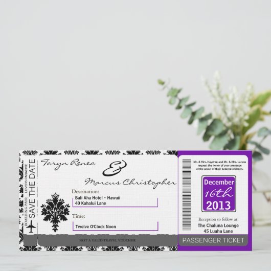 Boarding Pass Linen Wedding Invitation Black Purpl Einladung (Stehend Vorderseite)