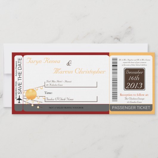 Boarding Pass Linen Wedding Paper Lante Einladung (Vorderseite)