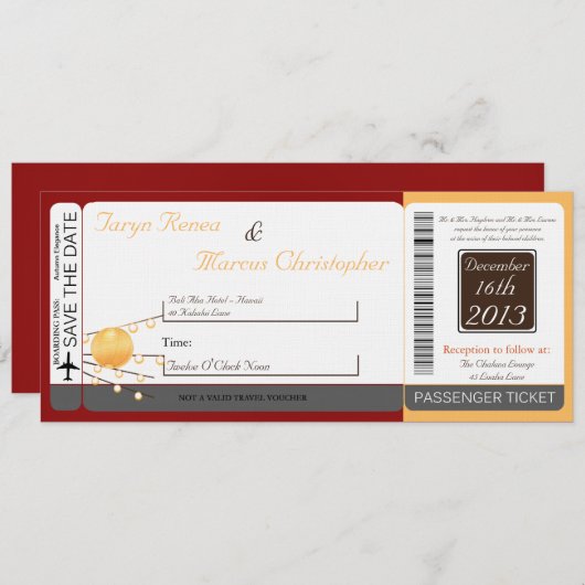 Boarding Pass Linen Wedding Paper Lante Einladung (Vorne/Hinten)