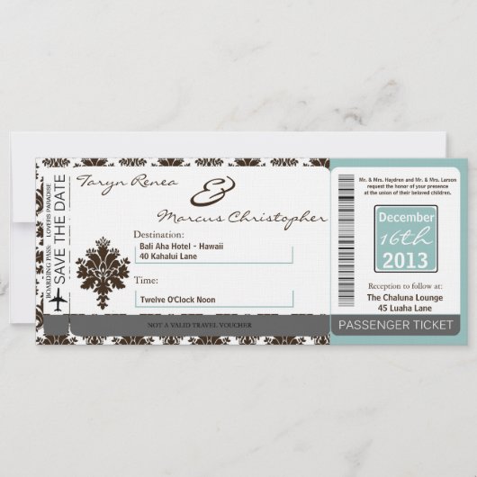 Boarding Pass Linen Weditation Brown Tiffa Einladung (Vorderseite)