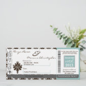 Boarding Pass Linen Weditation Brown Tiffa Einladung (Stehend Vorderseite)