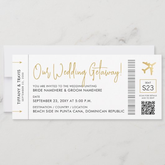 Boarding-Pass mit QR-Code-Hochzeit in Urlaubsort Einladung (Vorderseite)