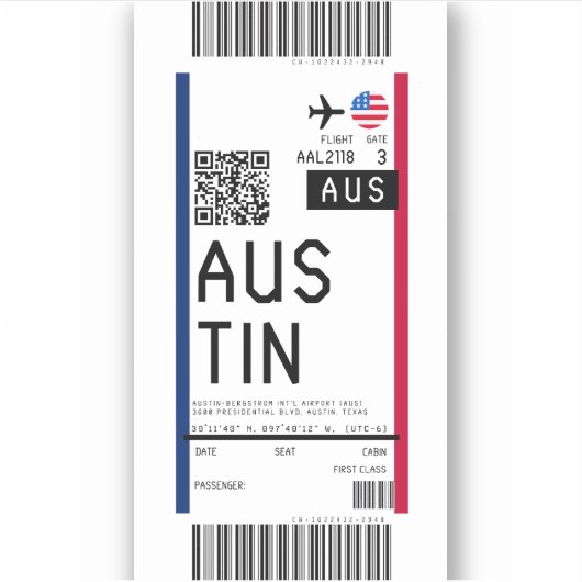 Boarding Pass nach Austin (AUS) Aufkleber (Vorderseite)