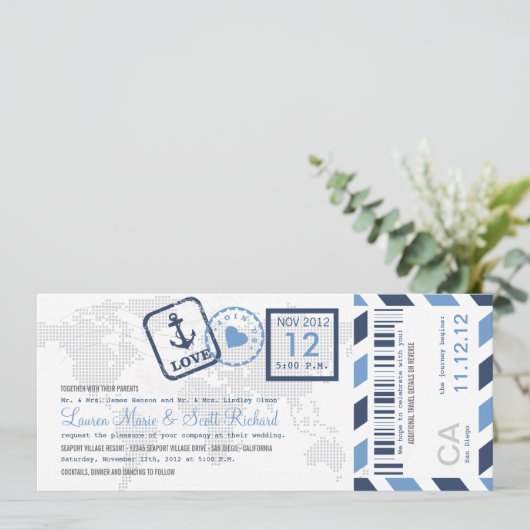 Boarding Pass Nautical Airmail Ticket Einladung (Stehend Vorderseite)