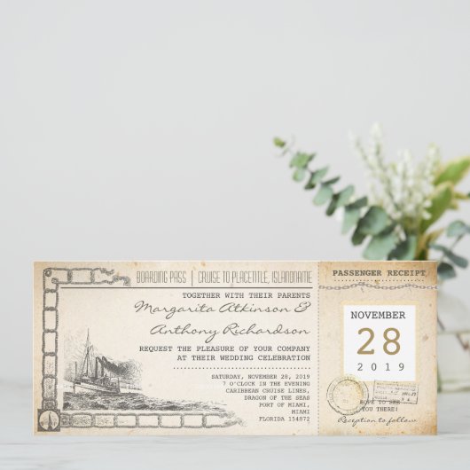 Boarding Pass nautische Vintage Hochzeit Einladung (Stehend Vorderseite)