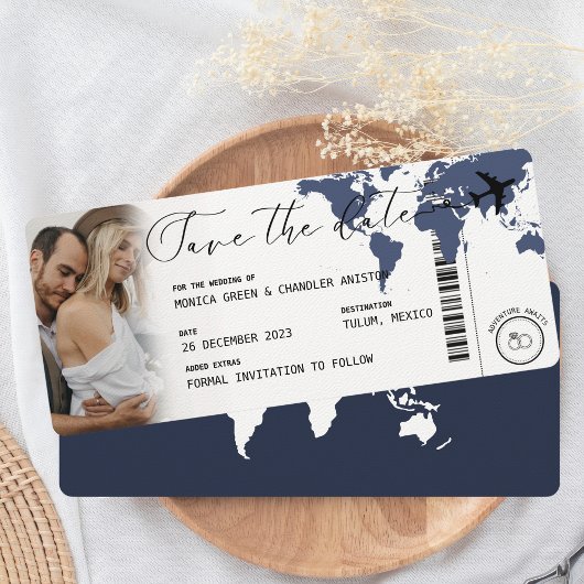 Boarding Pass Navy Blue Map Foto Save the Date