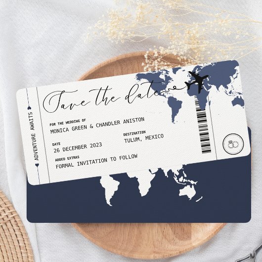 Boarding Pass Navy Blue Map Reise Save the Date