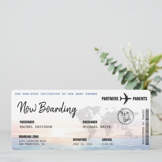 Boarding Pass Ocean Sunset Baby Dusche Einladung (Stehend Vorderseite)
