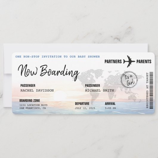 Boarding Pass Ocean Sunset Baby Dusche Einladung (Vorderseite)