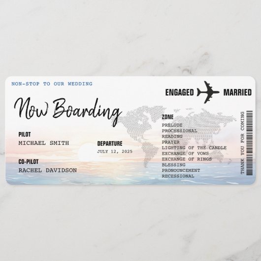 Boarding Pass Ocean Sunset Hochzeit in Urlaubsort Programm (Vorderseite)