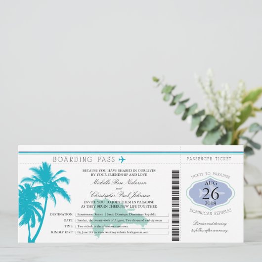 Boarding Pass Palm Tree Einladung (Stehend Vorderseite)