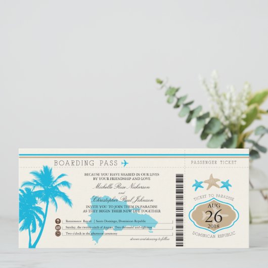 Boarding Pass Palm Tree Einladung (Stehend Vorderseite)