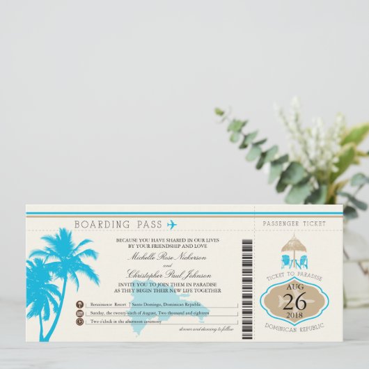 Boarding Pass Palm Trees Einladung (Stehend Vorderseite)