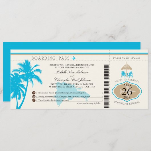 Boarding Pass Palm Trees Einladung (Vorne/Hinten)