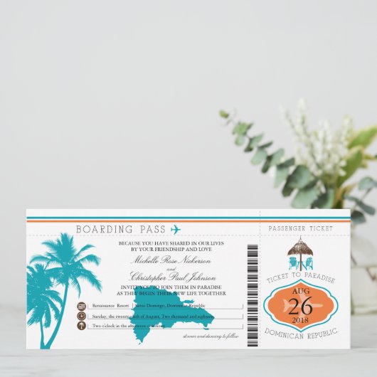 Boarding Pass Palm Trees Einladung (Stehend Vorderseite)