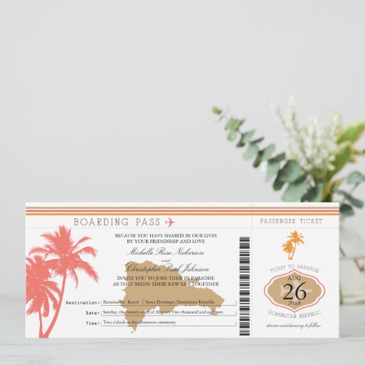 Boarding Pass Palm Trees Einladung (Stehend Vorderseite)