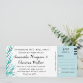 Boarding Pass Palm Tropische Hochzeit in Urlaubsor Einladung (Stehend Vorderseite)