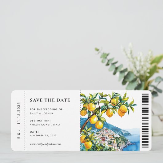 Boarding Pass Positano Amalfi Hochzeit Save The Date (Stehend Vorderseite)