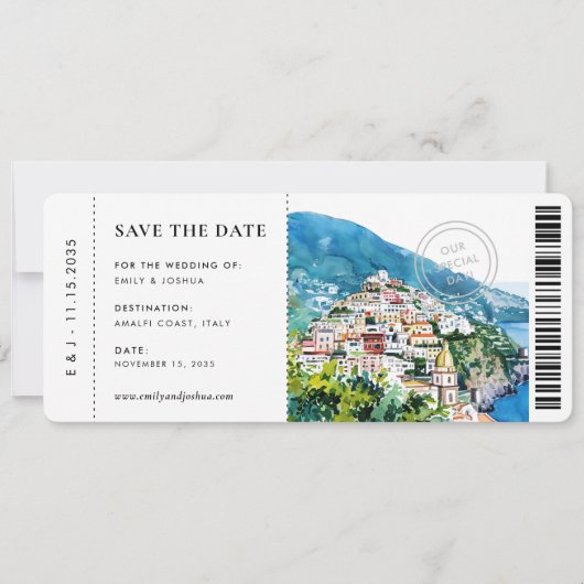 Boarding Pass Positano Amalfi Hochzeit Save The Date (Vorderseite)