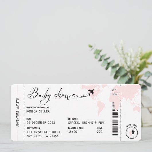 Boarding Pass Reisen Moderne Pink Girl Babydusche Einladung (Stehend Vorderseite)