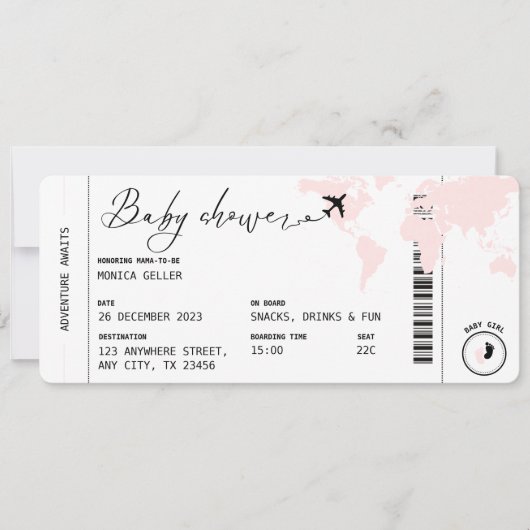 Boarding Pass Reisen Moderne Pink Girl Babydusche Einladung (Vorderseite)