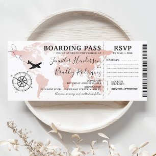 Boarding Pass Rose Gold Wedding Weltkarte Einladun Einladung