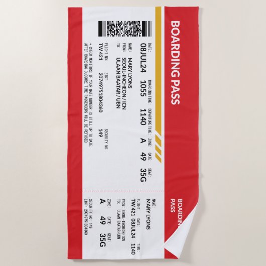 Boarding Pass - Rot Strandtuch (Vorderseite)