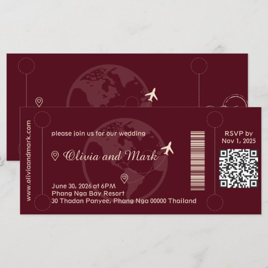 Boarding Pass RSVP Card - Burgund & Champagne (Vorne/Hinten)