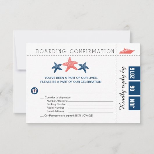 Boarding Pass RSVP Card mit Starfish Karte (Vorderseite)