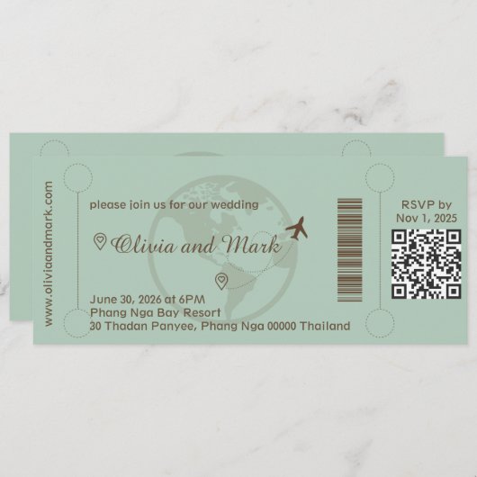 Boarding Pass RSVP Card - Sage & Beige Einladung (Vorne/Hinten)