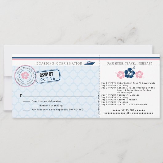 Boarding Pass RSVP-Karte mit Hibiskus Einladung (Vorderseite)