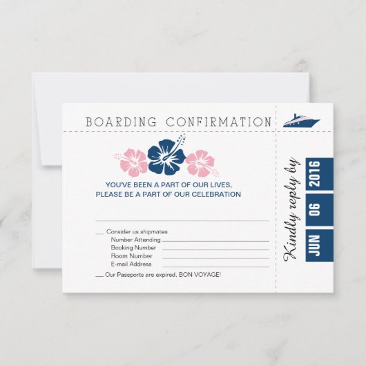 Boarding Pass RSVP-Karte mit Hibiskus RSVP Karte (Vorderseite)