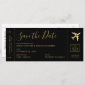 Boarding Pass Save the Date Black Gold Heart Flugz Ankündigung (Vorne/Hinten)
