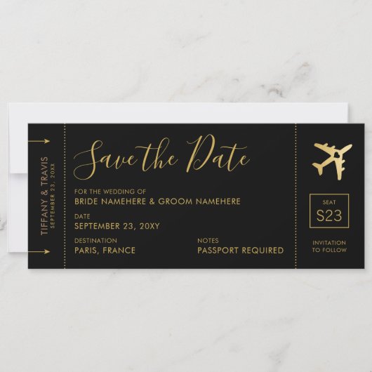 Boarding Pass Save the Date Black Gold Heart Flugz Ankündigung (Vorderseite)