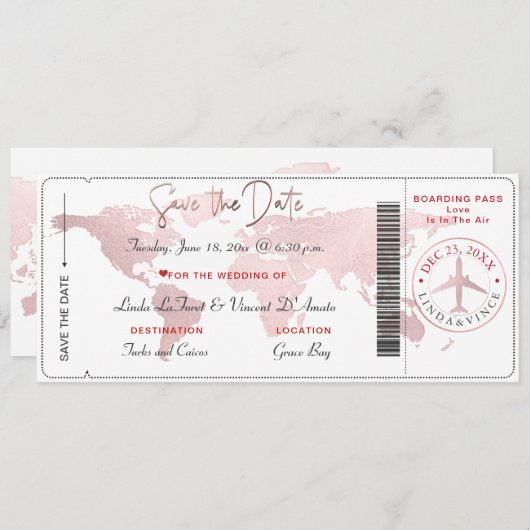 Boarding Pass Save the Date, Blush World Map Einladung (Vorne/Hinten)