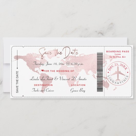 Boarding Pass Save the Date, Blush World Map Einladung (Vorderseite)
