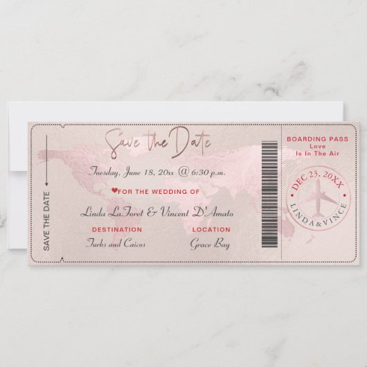 Boarding Pass Save the Date, Blush World Map Einladung (Vorderseite)