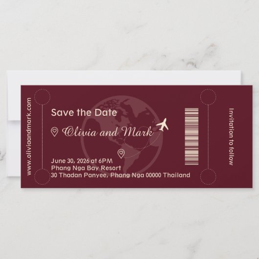 Boarding Pass Save the Date - Burgund & Champagne (Vorderseite)