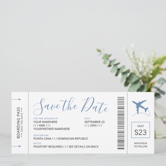 Boarding Pass Save the Date Einladung Blaues Flugz (Stehend Vorderseite)